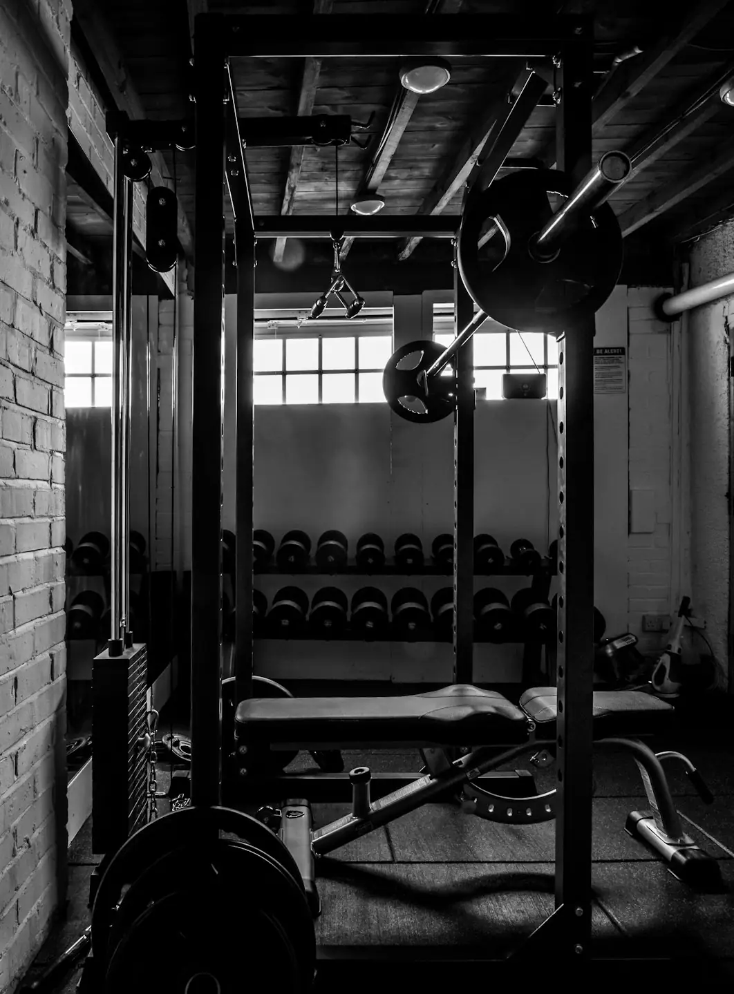 Power cage, bench and plate trees in a brick-walled training room