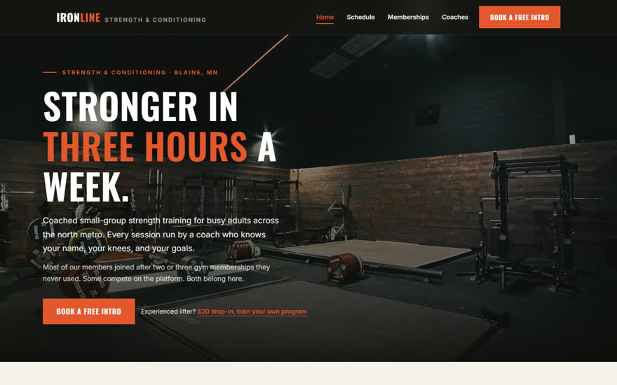 Ironline Strength homepage: a strength gym floor photograph with a free intro booking button.