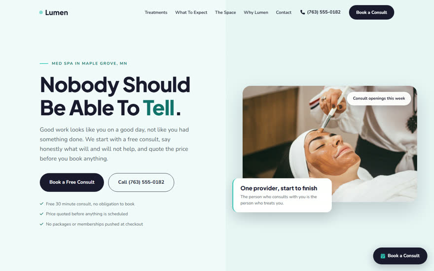 Lumen Aesthetics homepage: a light clinical layout for a med spa with a consultation button.
