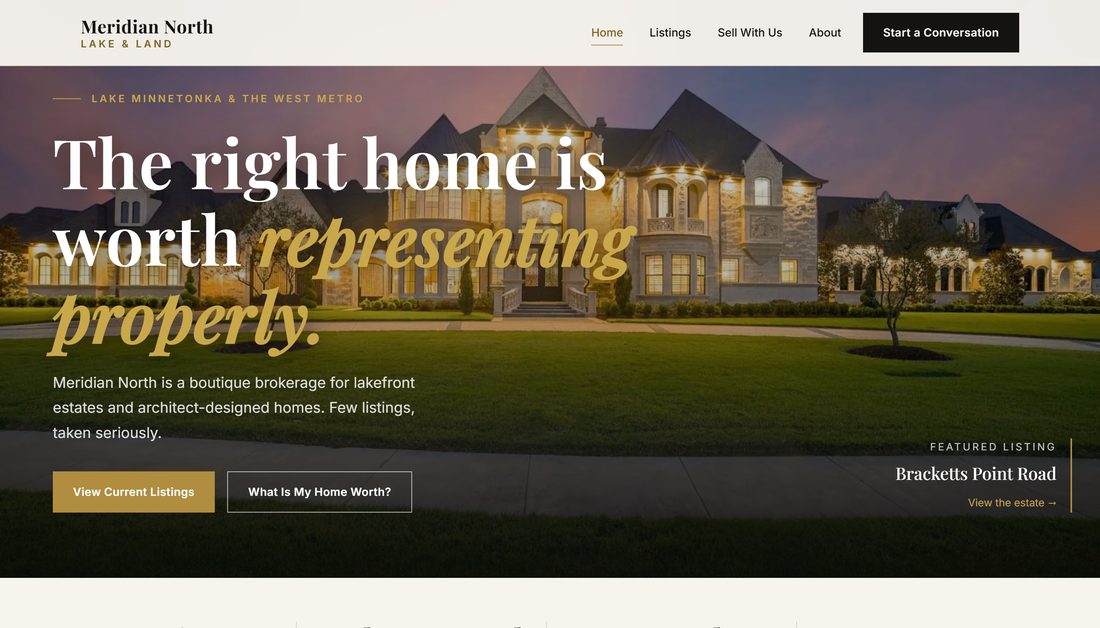 Meridian North homepage: cream and ink editorial layout for a luxury real estate brokerage.
