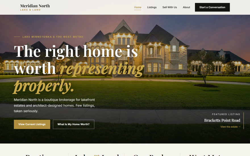 Meridian North homepage: cream and ink editorial layout for a luxury real estate brokerage.