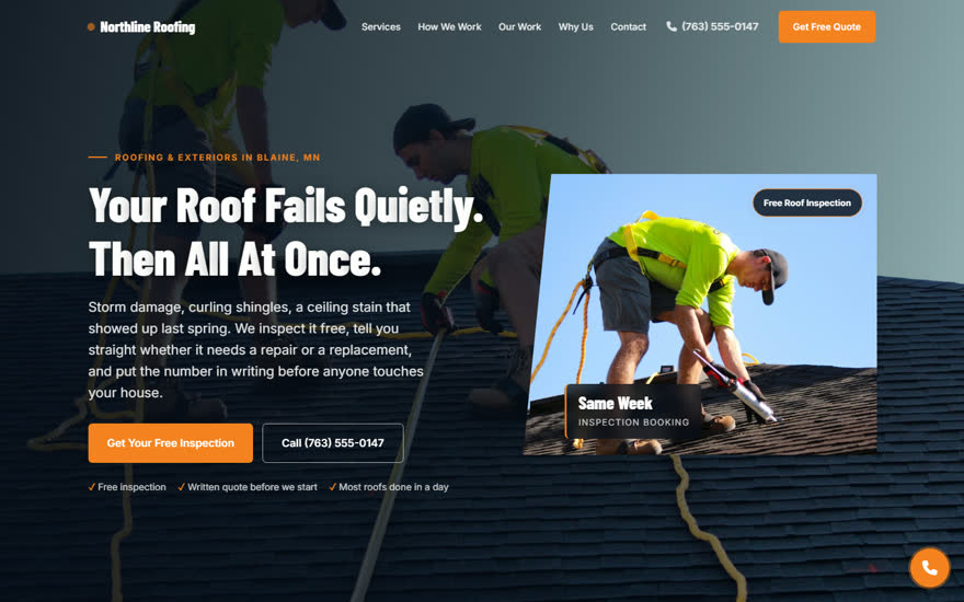 Northline Roofing homepage: dark hero with a roofing crew photograph and a quote request button.